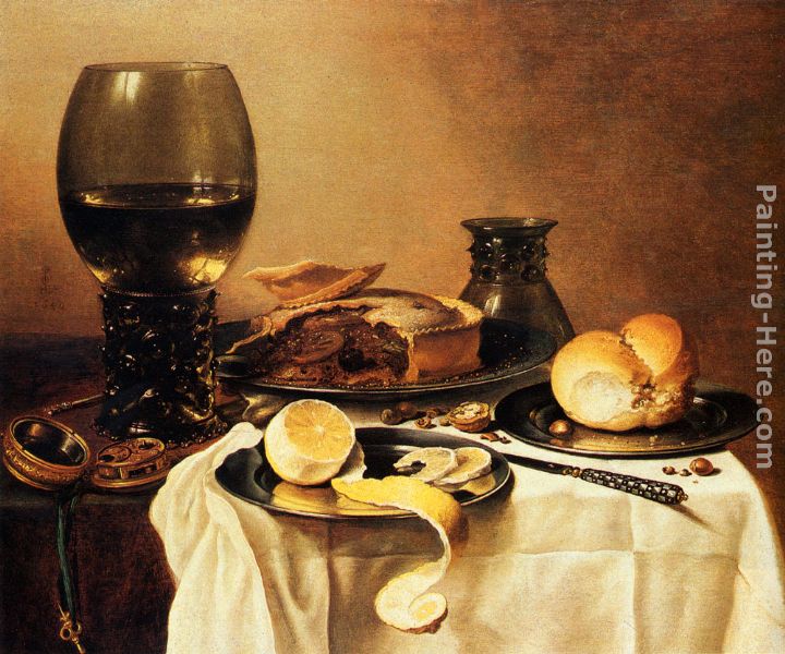 Breakfast Still Life With Roemer, Meat Pie, Lemon And Bread painting - Pieter Claesz Breakfast Still Life With Roemer, Meat Pie, Lemon And Bread art painting